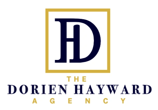 Logo with initials "DH" in a gold square, above the text "The Dorien Hayward Agency.
